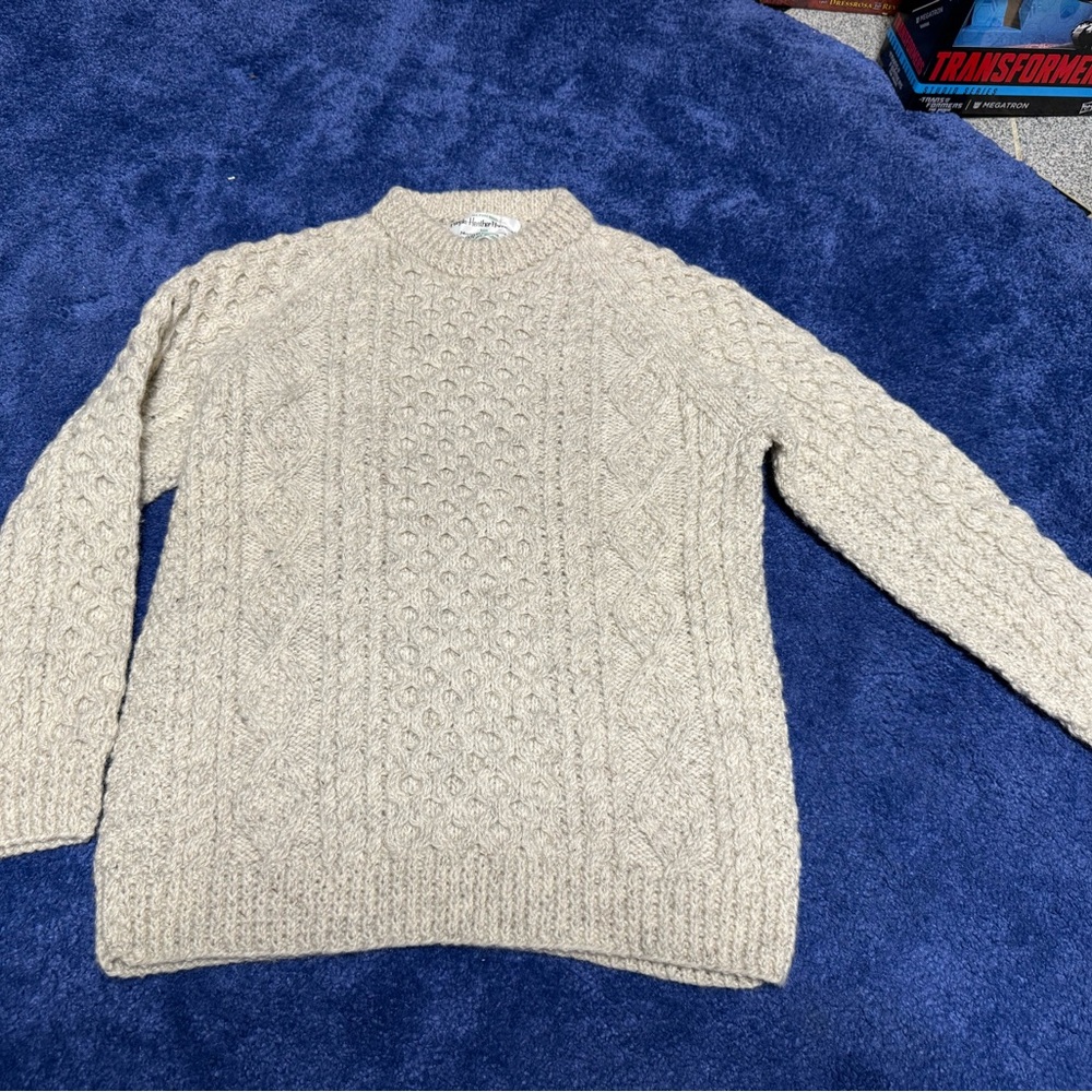 Men's Beige Cable Knit Sweater Aran Wool